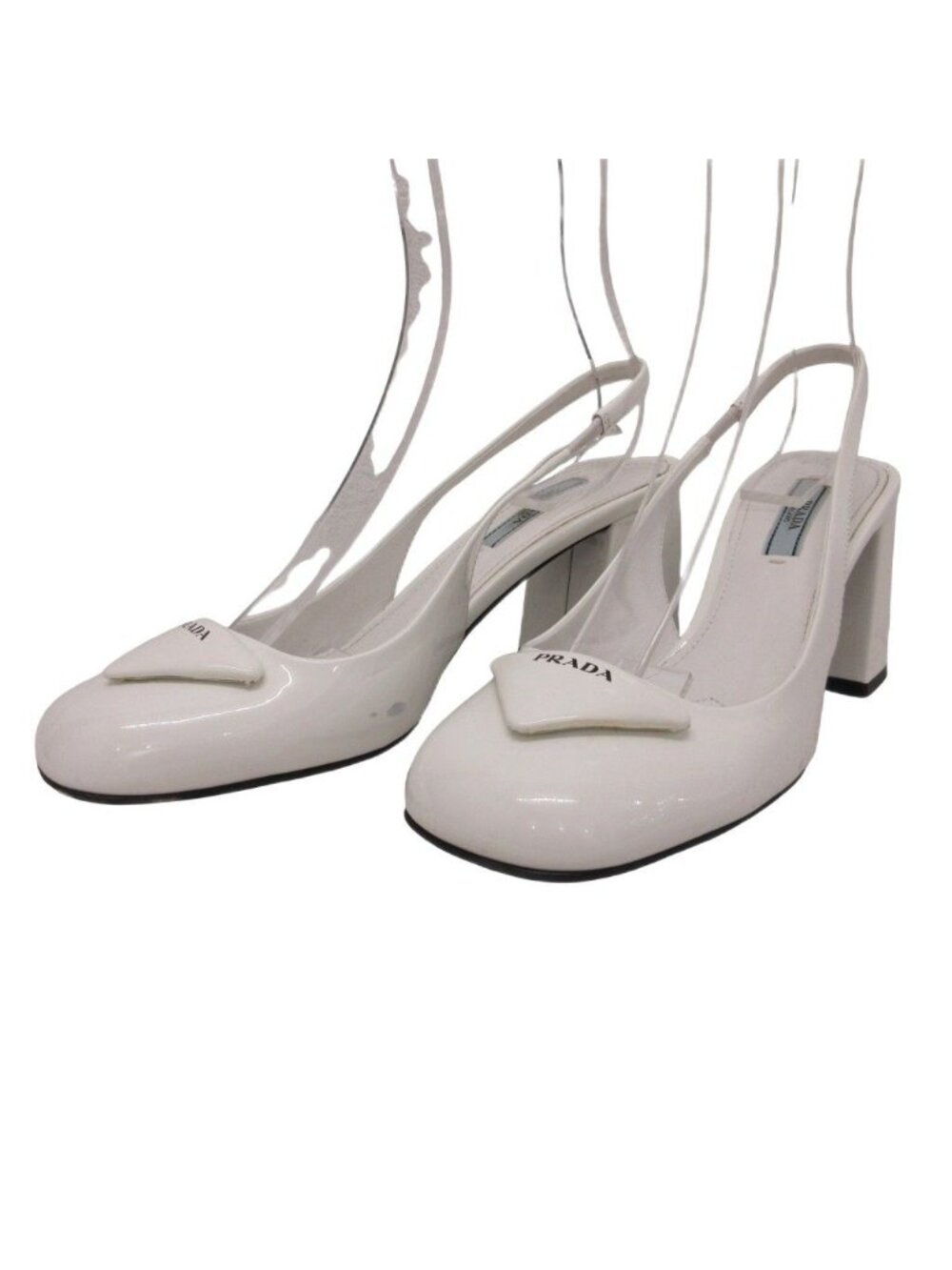 Prada Triangle Logo Sandals Pumps Slingback Patent Chunky Heel White